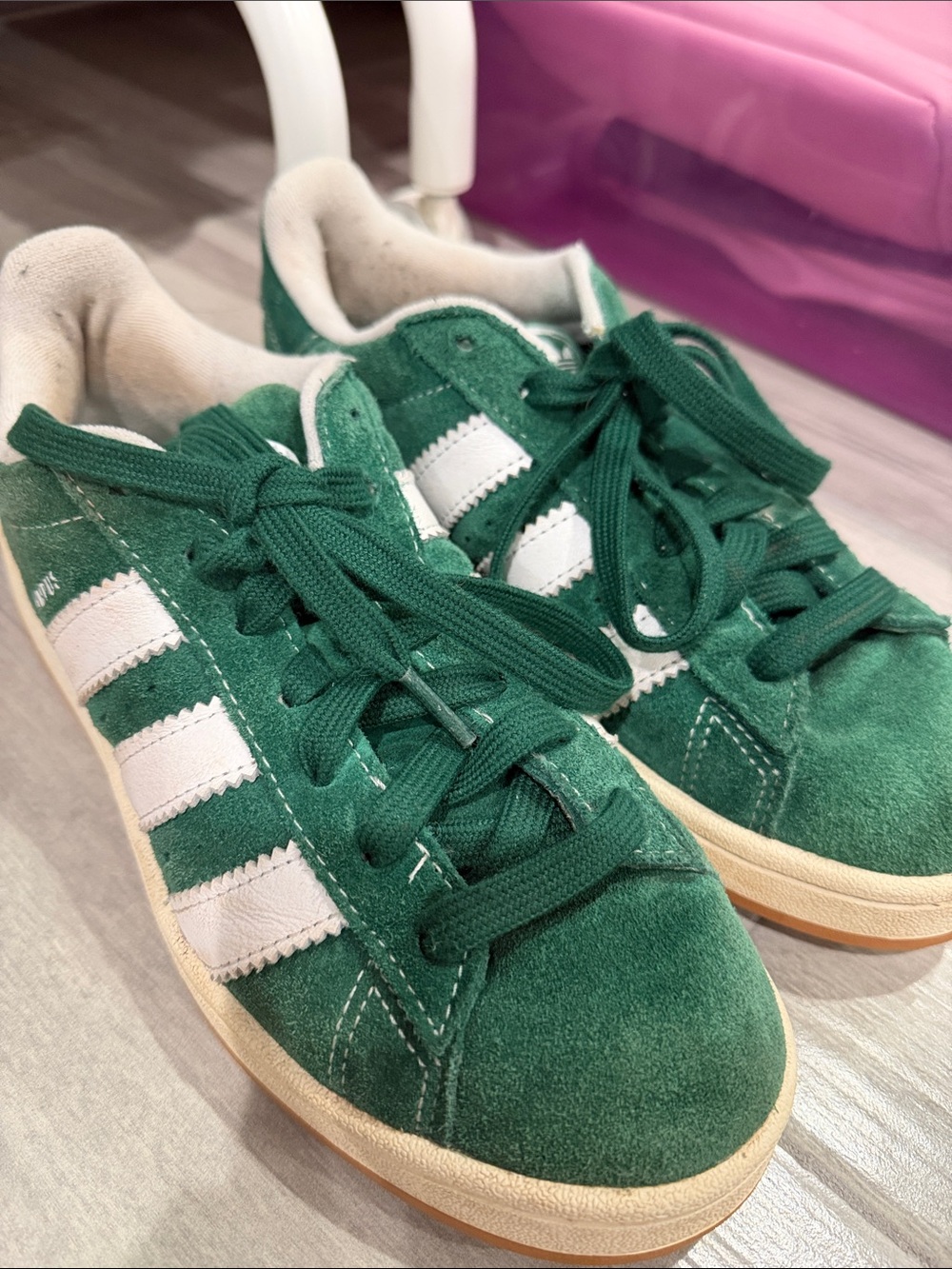 Kids Green Suede Sneakers with White Stripes